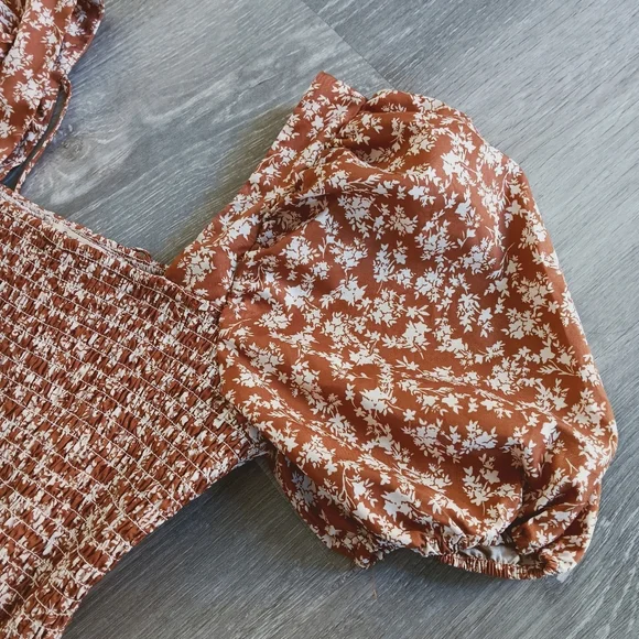 SundayUp Barnwood Toffee Brown Floral Puff Sleeve Crochet Lace Trim Midi Dress - Picture 4 of 6